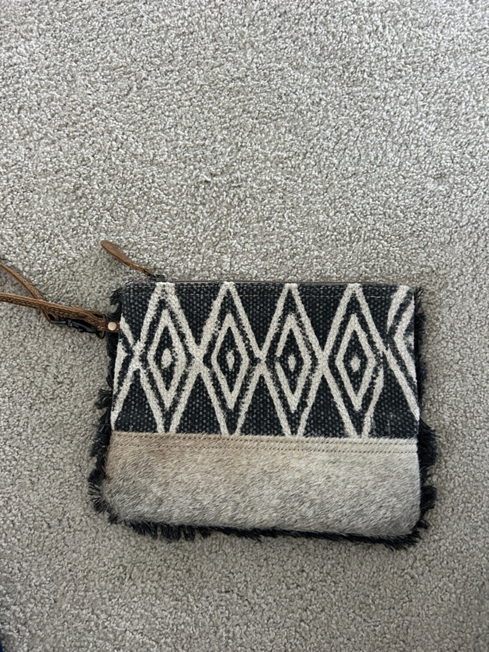 Myra Bag Black and Cream Geometric Wristlet Clutch with Fur Accent